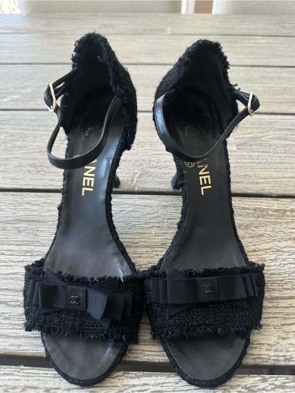 Chanel Black CC Tweed Bow Ankle-Strap Heels Size 38.5